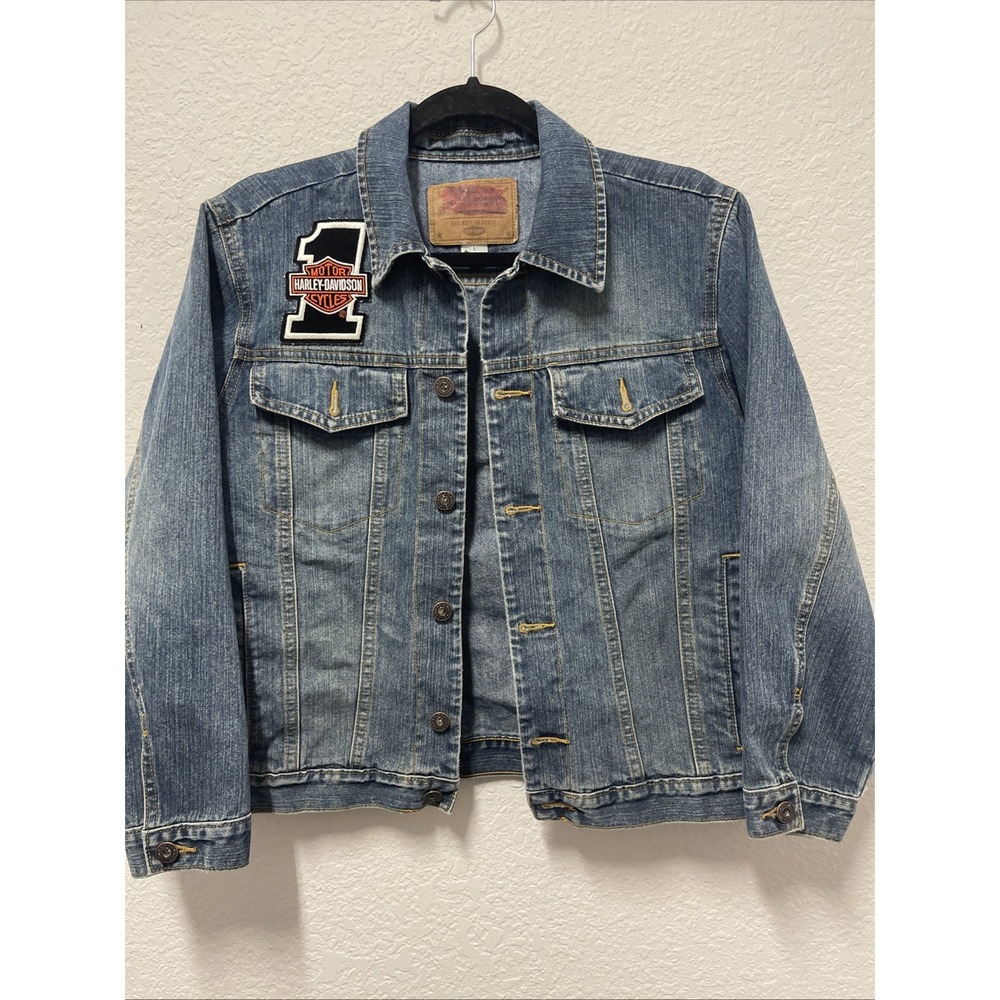 Old Navy Women's Denim Jacket w/ Harley Davidson Patch Sz. Lg.